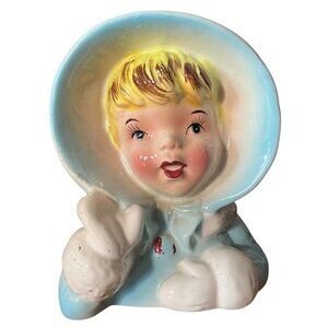 Vintage Japan MCM Head Vase Blond Girl in Blue Winter Bonnet and Mittens Ceramic